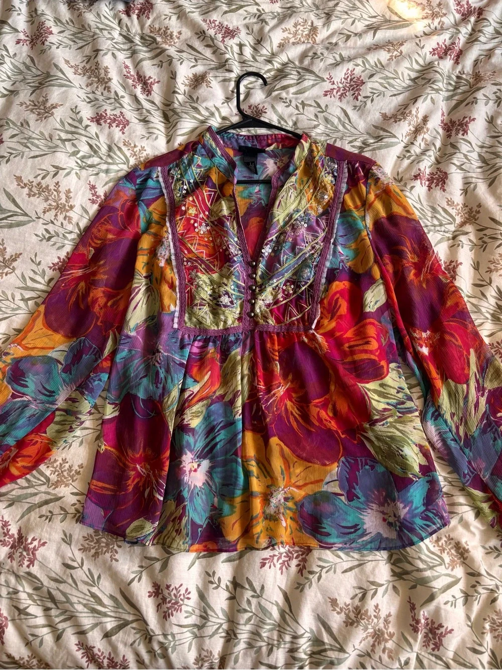 Lane Bryant Purple-Pink Multicolor Embroidered V-Neck Blouse - Picture 4 of 7
